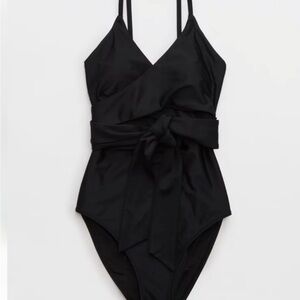aerie Black One-Piece Swimsuit with Waist Tie